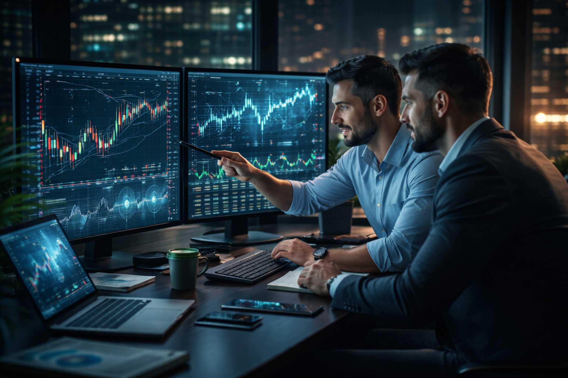 Ambiente profissional de trading com múltiplas telas e gráficos